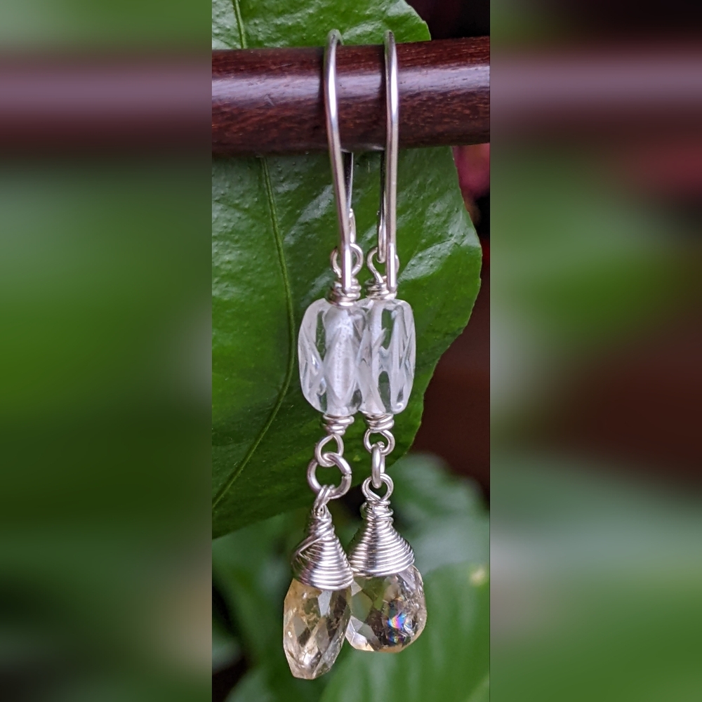 Sterling Silver Citrine Drop Earrings With Carved Clear Quartz Gems - Picture 10 of 13